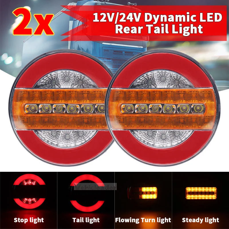 

2Pcs 12V 24V Round Tail Light For Truck Trailers Sequential Dynamic Turn Signal LED Brake Reverse Lamp Tractor Van Rear Light