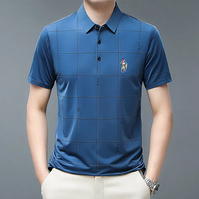 Men's summer embroidered polo shirt short sleeved casual business ice polo shirt plaid pattern T-shirt golf clothing men