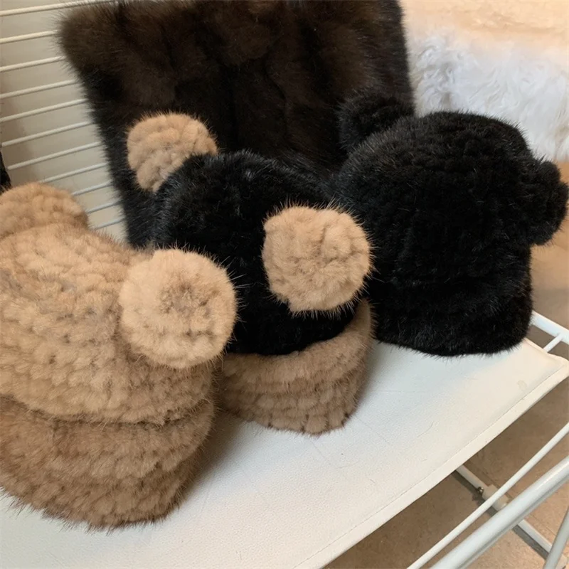 Winter Versatile Warm Fur Hat High-quality Mink Fur Woven Fur Hat Cute Bear Ear Decoration New Fashionable Plush Hat
