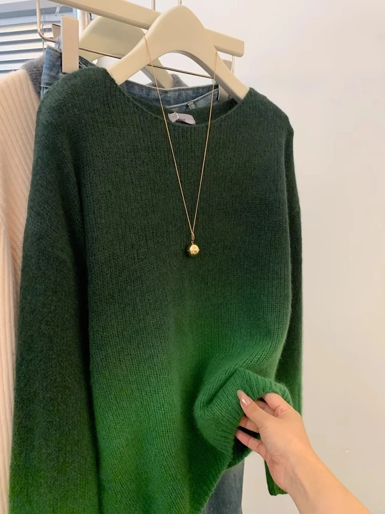 Градиентный зеленый пуловер в стиле ретро свободный мягкий клейкий свитер для