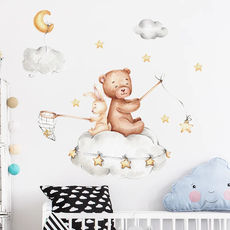 

Wall Stickers Bears Rabbit Clouds Star Kids Room Home Cartoon Decor Baby Nursery Room Decoration Living Bedroom Decals Art Mural