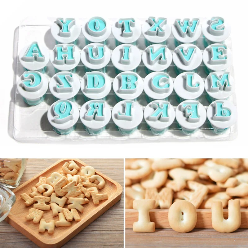

26pcs/set Plastic Alphabet Cookies Cutter Upper Lowercase Letters Fondant Mold Cake Decorating Tools Stamper