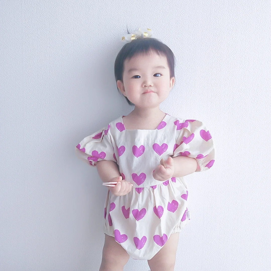 

Summer ins style baby clothes heart print puff sleeve one piece clothes baby girls cotton loose bodysuits