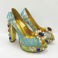 vintage rhinestone pearls hign heels baroque platform block heel sandals gorgeous silk flower gold lace fashion female shoes