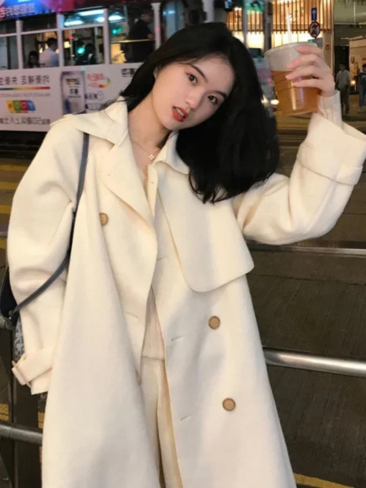 

Vintage Thickened Woolen Coat Women Winter Warm Long Jacket Korean Fashion Loose Overcoat Casual Lapel Double Breasted Outerwear