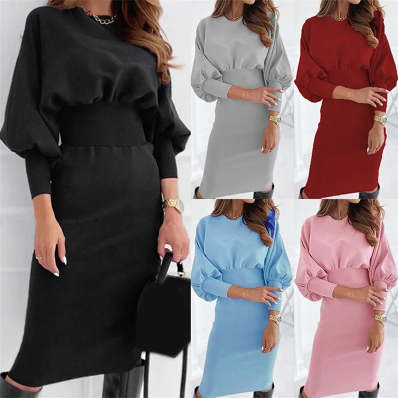 

Fashion Casual Dresses Women's Solid Color Round Neck Bag Hip Sexy High Waist Dress High Quality Female Mid-length Dresses New