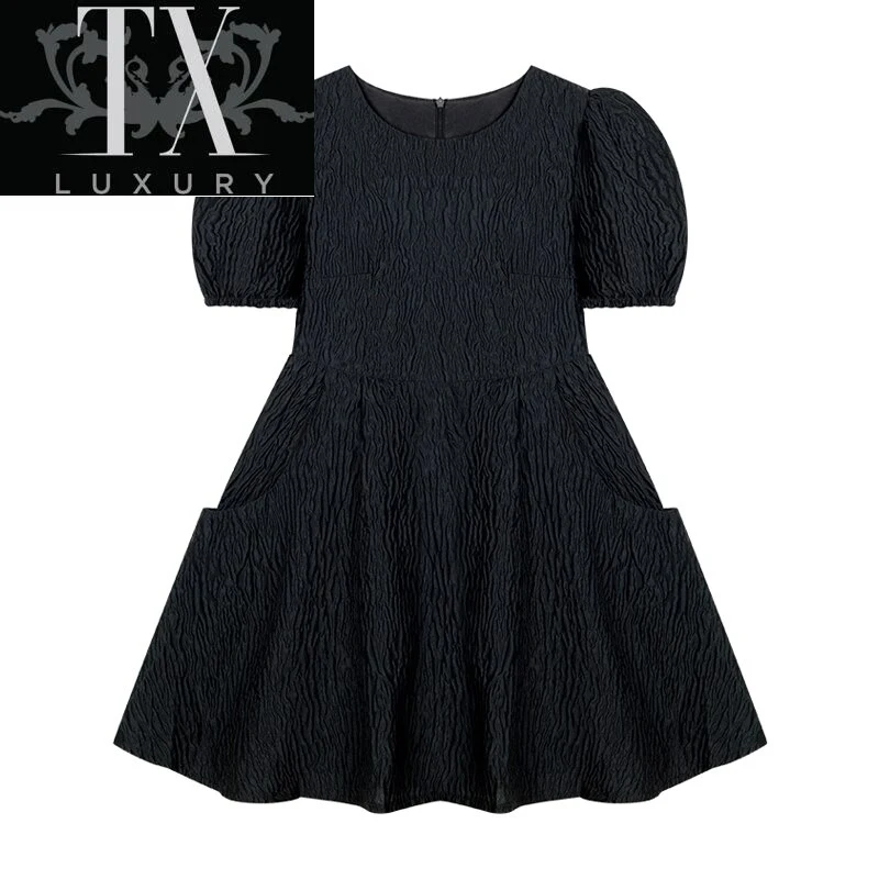 

French Court Style Princess Dresses Summer New Casual Embosses Texture Puff Sleeve Gathered Waist Mini Dress Female