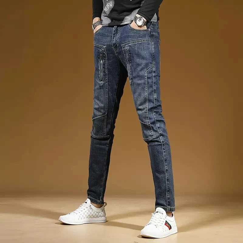 Autumn Blue Patchwork Jeans Men Streetwear Biker Slim Fit Pencil Pants Fashion Casual Zip Pockets Stretch Denim Trousers