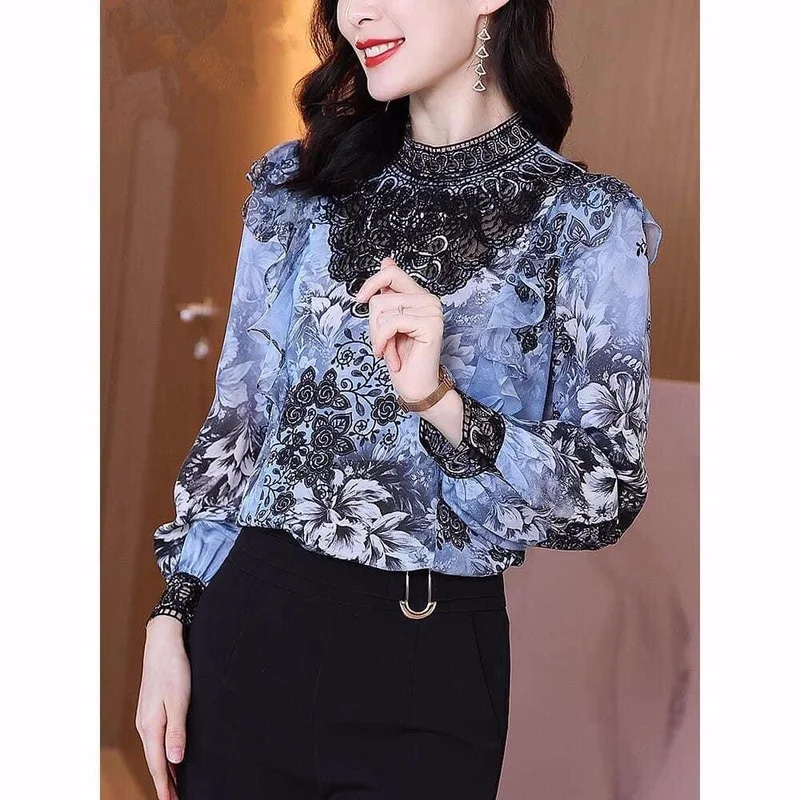 

Chiffon shirt ladies 2022 spring autumn new retro collar lace hollow-hole foliage printing long sleeve o neck t shirt set top