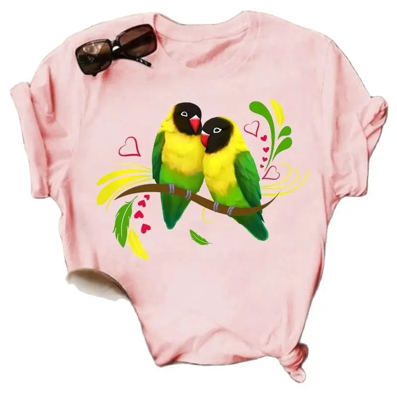 

Large Size Shirt European and American Women's Cartoon Animal Parrot Print Round Neck Short Sleeve Girl Children's T-shirts