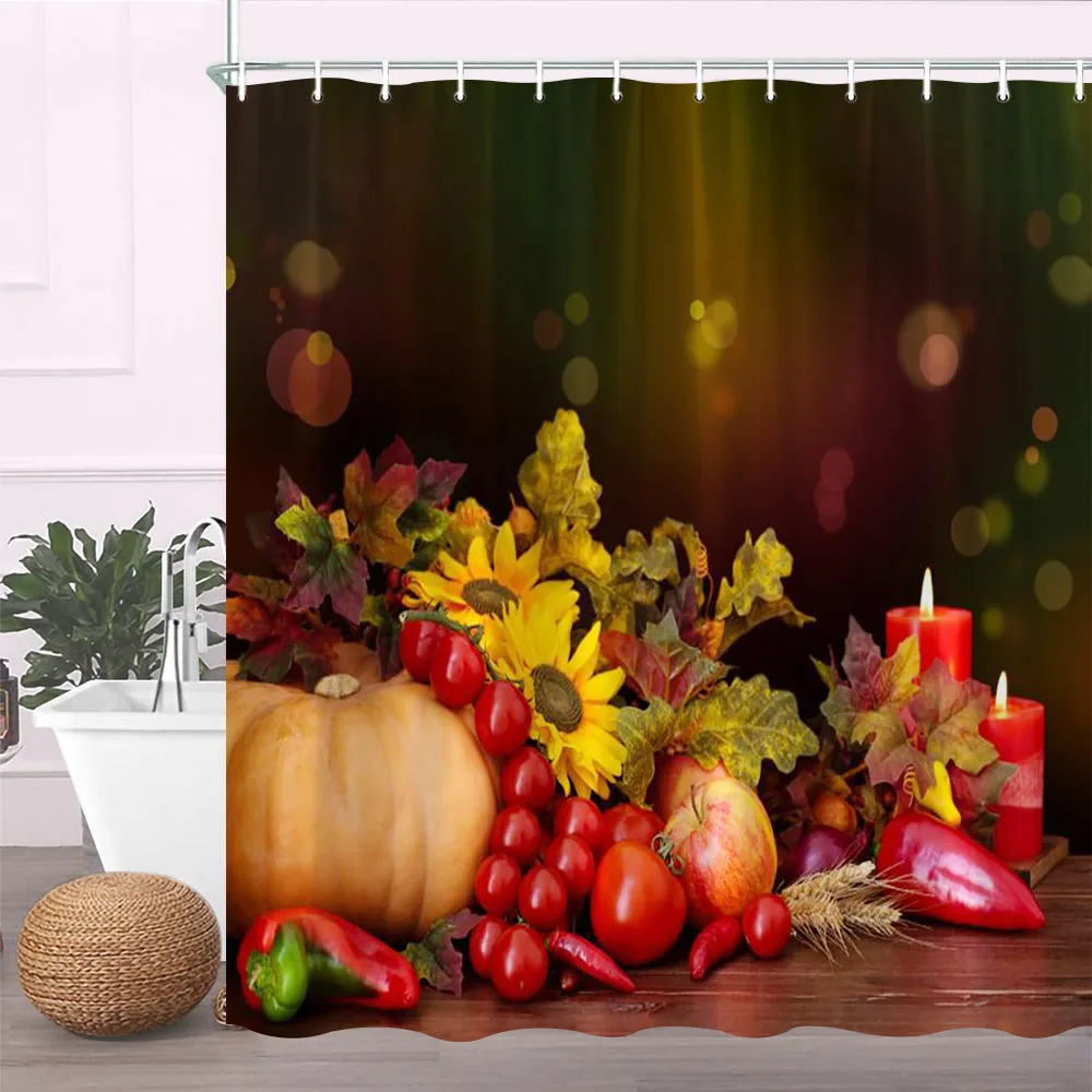 

Fall Pumpkins Shower Curtain Set Hooks Autumn Thanksgiving Sunflowers Harvest Fruit Decor Washable Polyester Fabric Bath Curtain