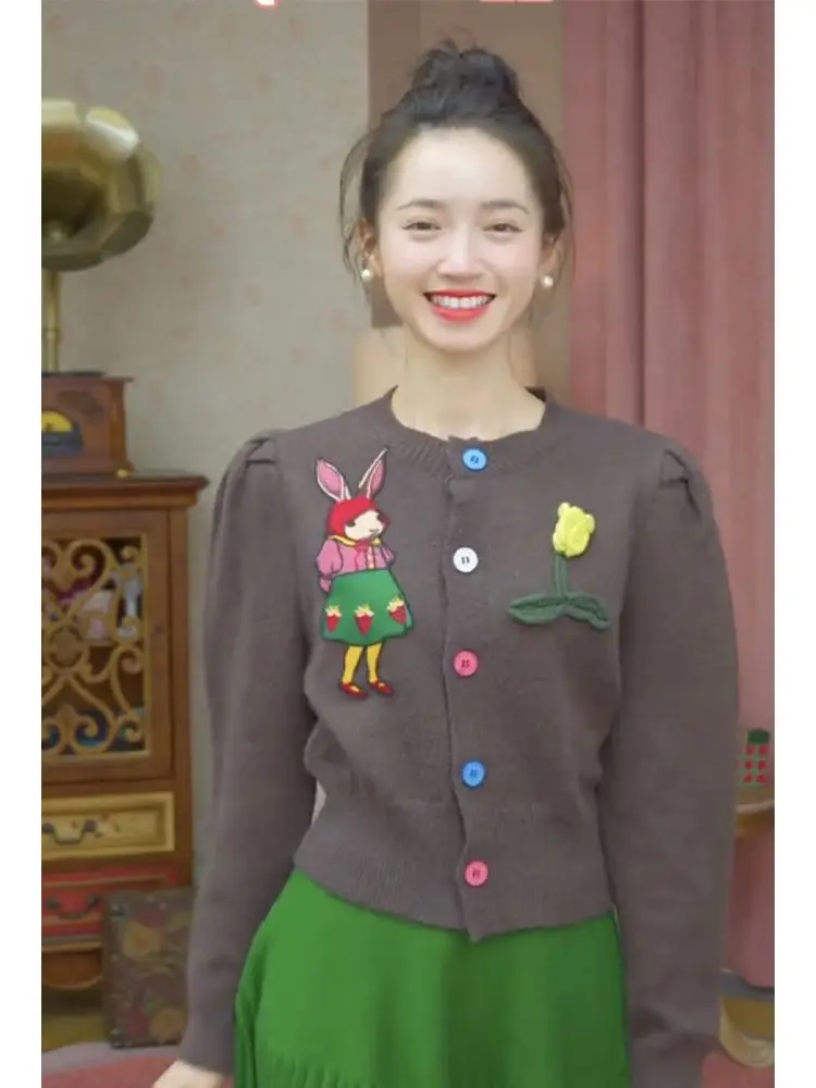 Осенний винтажный женский свитер кардиган с круглым вырезом повседневное