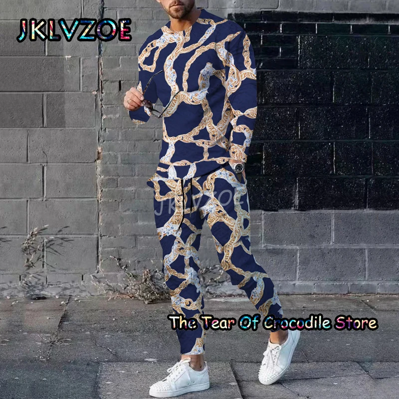 Multicolour Print Men Tracksuit Summer 2 Piece Set Long Sleeved T-Shirt Trousers Jogging Suit Male Color Sportswear Clothing
