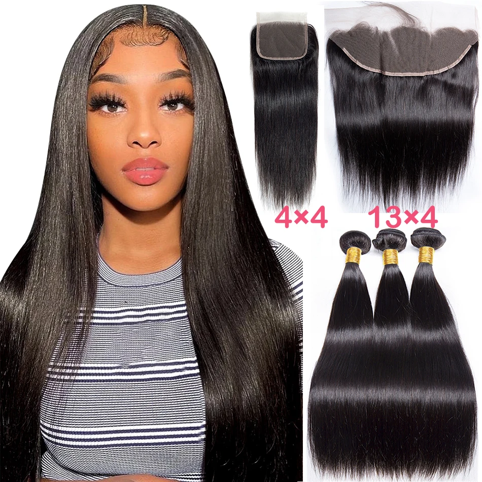 

Bone Straight Bundles With Frontal 13x4 Ear to Ear Lace Front Human Hair Bundles With Frontal Pre Plucked 3 Bundles With Frontal