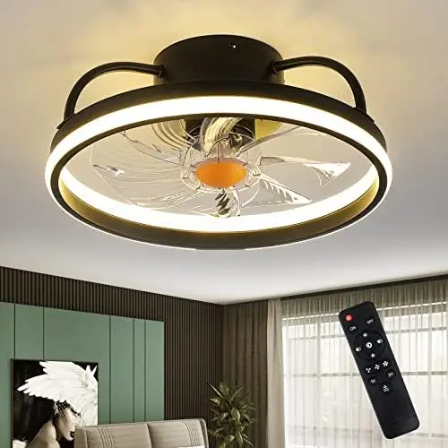 

Fans with Lights and Remote - Low Profile Flush Mount Ceiling Fans - 20\u201D Modern Bladeless Enclosed Ceiling Fans with Led Li