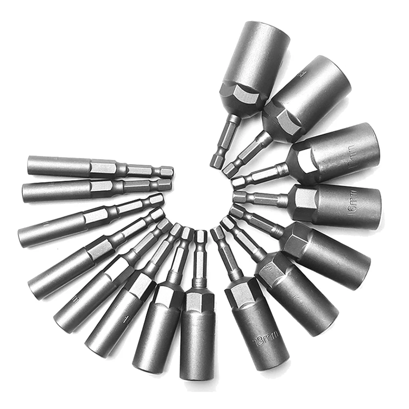 

15Pcs 80Mm Length Deepen Power Nut Driver Drill Bit Set 5.5-19MM Impact Socket Adapter For Power Tools 6.35MM Hex