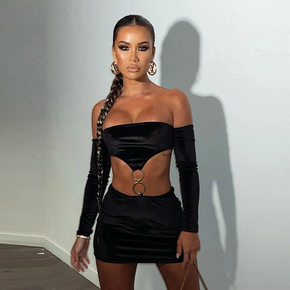 

American New Sexy Tight Short Skirt Dress Women Long Sleeve Two-piece Sexy Hipline Party Club Dresses Women Clothing SXHLYQ596