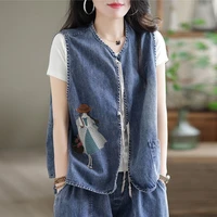 women denim vest sleeveless tops spring autumn cropped cardigan retro lace embroidery loose casual waistcoat korean fashion new