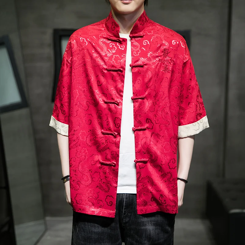 

2022 spring and summer new men's Chinese style dark dragon satin jacquard ice silk Hanfu Tang suit short-sleeved shirt