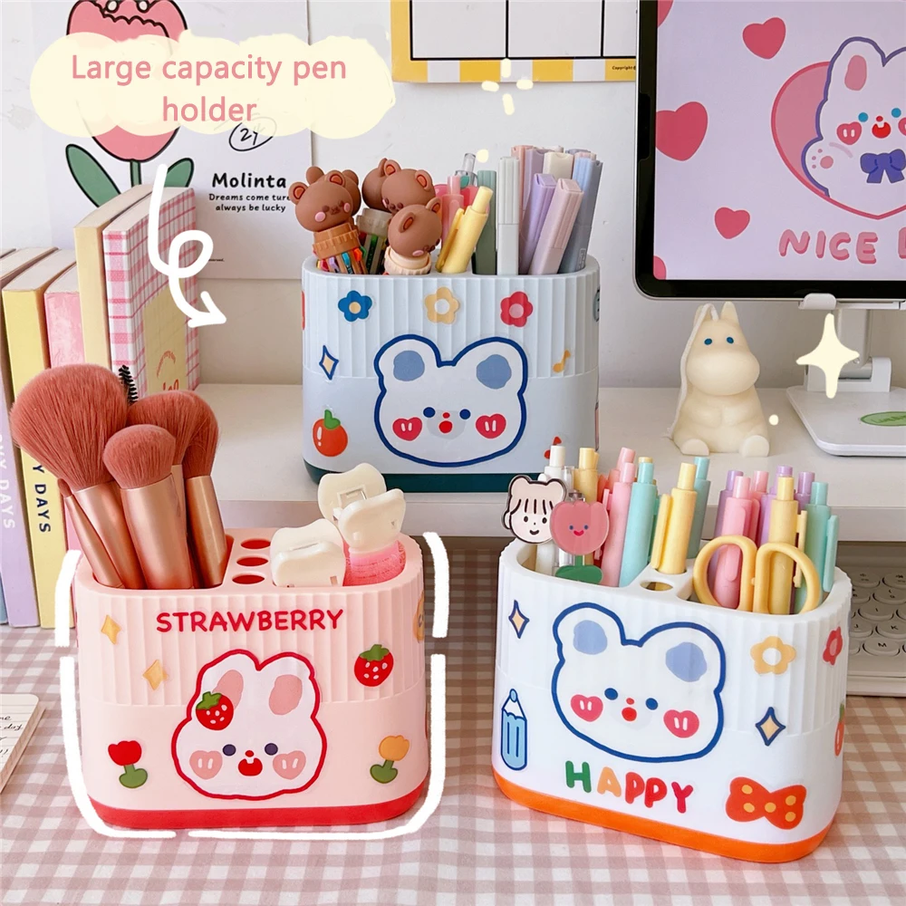 

Kawaii Large Capacity Cartoon Double Grid Pen Holder Makeup Brush Stationery Storage Cosmetic Box Desk Organizer with Stickers