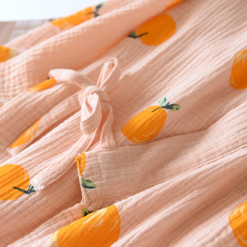 Orange Print Women's Bathrobe Crepe Cotton Ladies Summer Spring Japanese Kimono Long Sleeve Dressing Gown For Female 2023