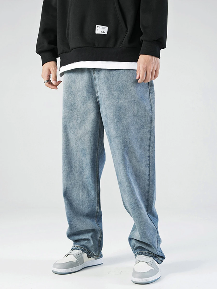 European and American High Street Men's Straight Loose Jeans Solid Color Washed Straight Trend Fashion Streetwear Ins Hot Sale