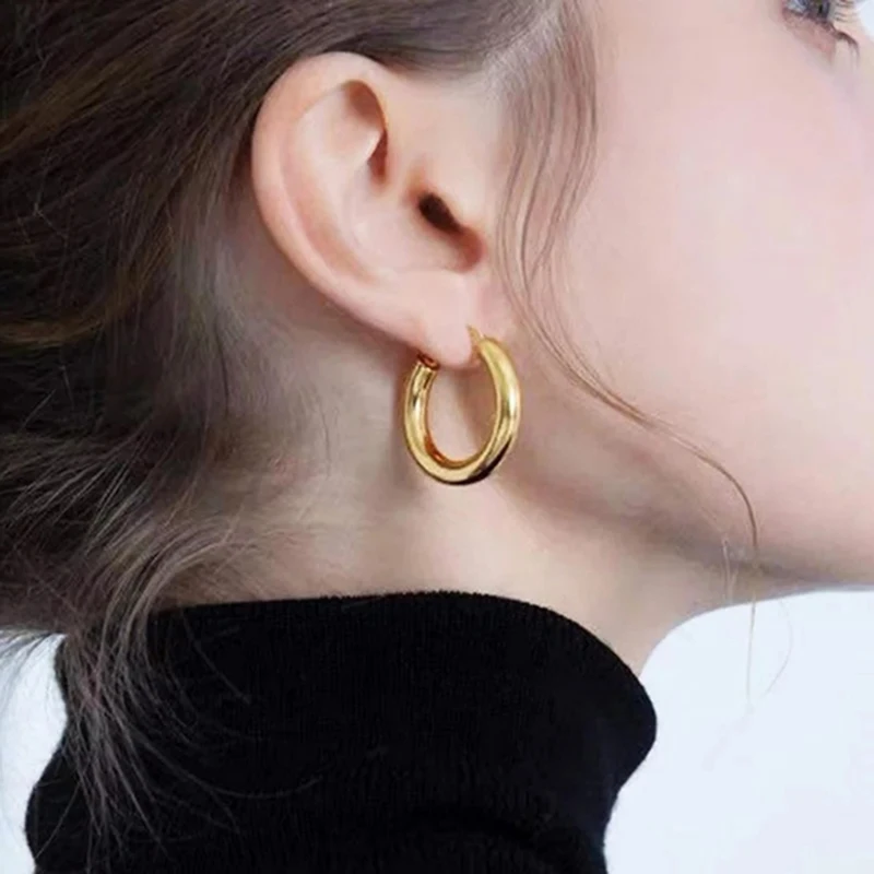 

Stainless Steel Gold Tone Women Chunky Hoops Earrings Gift Fashion Jewelry Stainless Wives Round Smooth Thick Hoop 30mm earring
