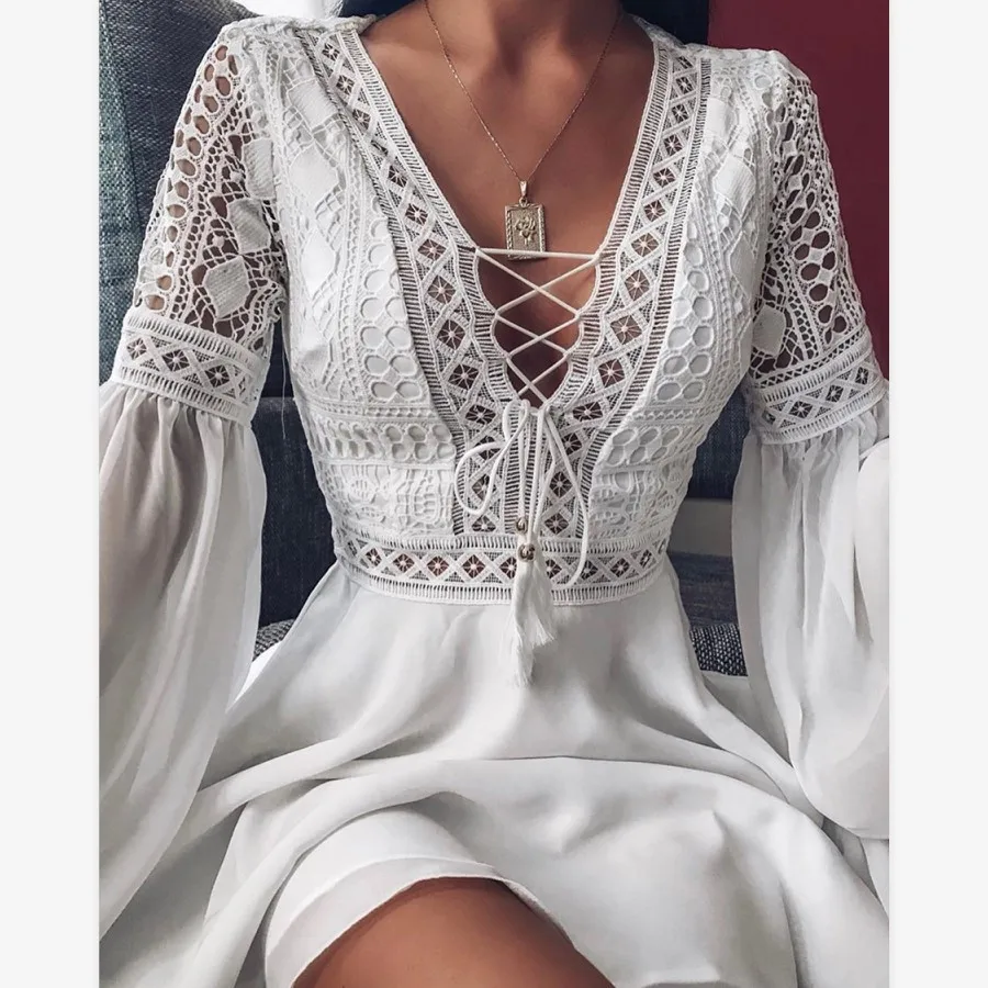

Party Dress Sexy V-neck Waist-Controlled Lace-up Long Sleeve Dresses For Women Summer 2022