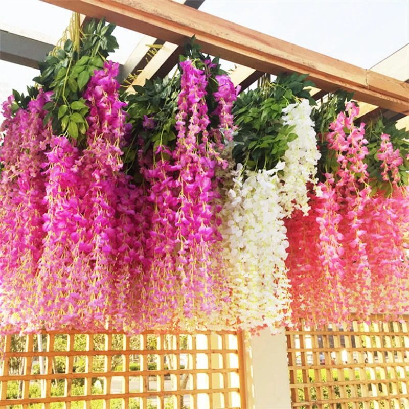 

12 Pcs 110cm Plastic Wisteria Flower Artificial Flower Rattan Office Wall Decoration Home Wedding Decor Fake Flowers