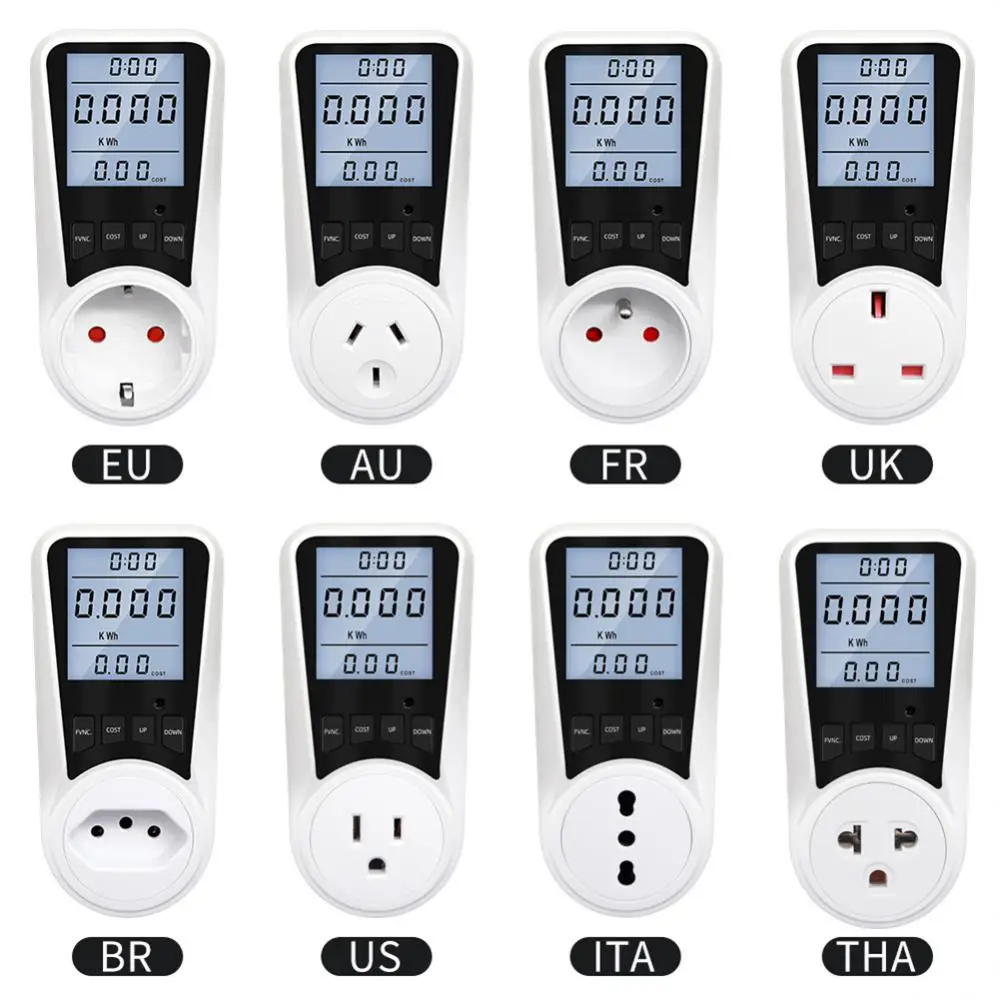 

Electricity Power Meter Wattmeter LCD Energy Meter Socket Electric Tester FR US UK AU BR Measuring Outlet Power Analyzer