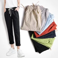 casual cotton pants women ankle length trousers pockets drawstring elastic big size linen solid color pant fashion mom clothes