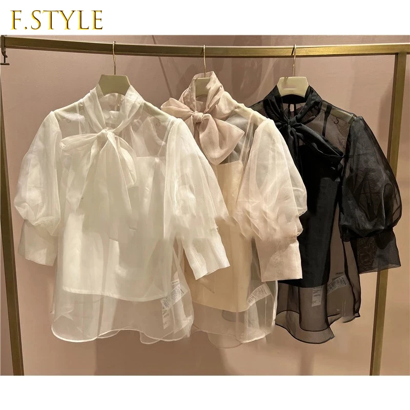 

Блузка женская с большим бантом, маленьким воротником-стойкой и рукавом 2022