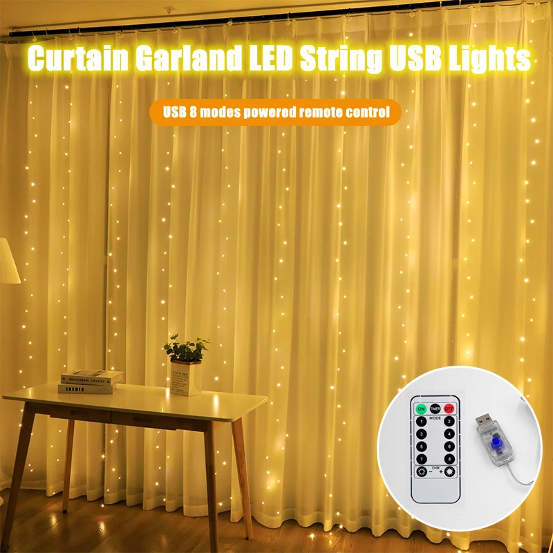 

Гирлянда-занавеска, осветительная Цепочка-штора с питанием от USB, 8 режимов, украшение для спальни, праздника, свадьбы, сказочные огни для дома