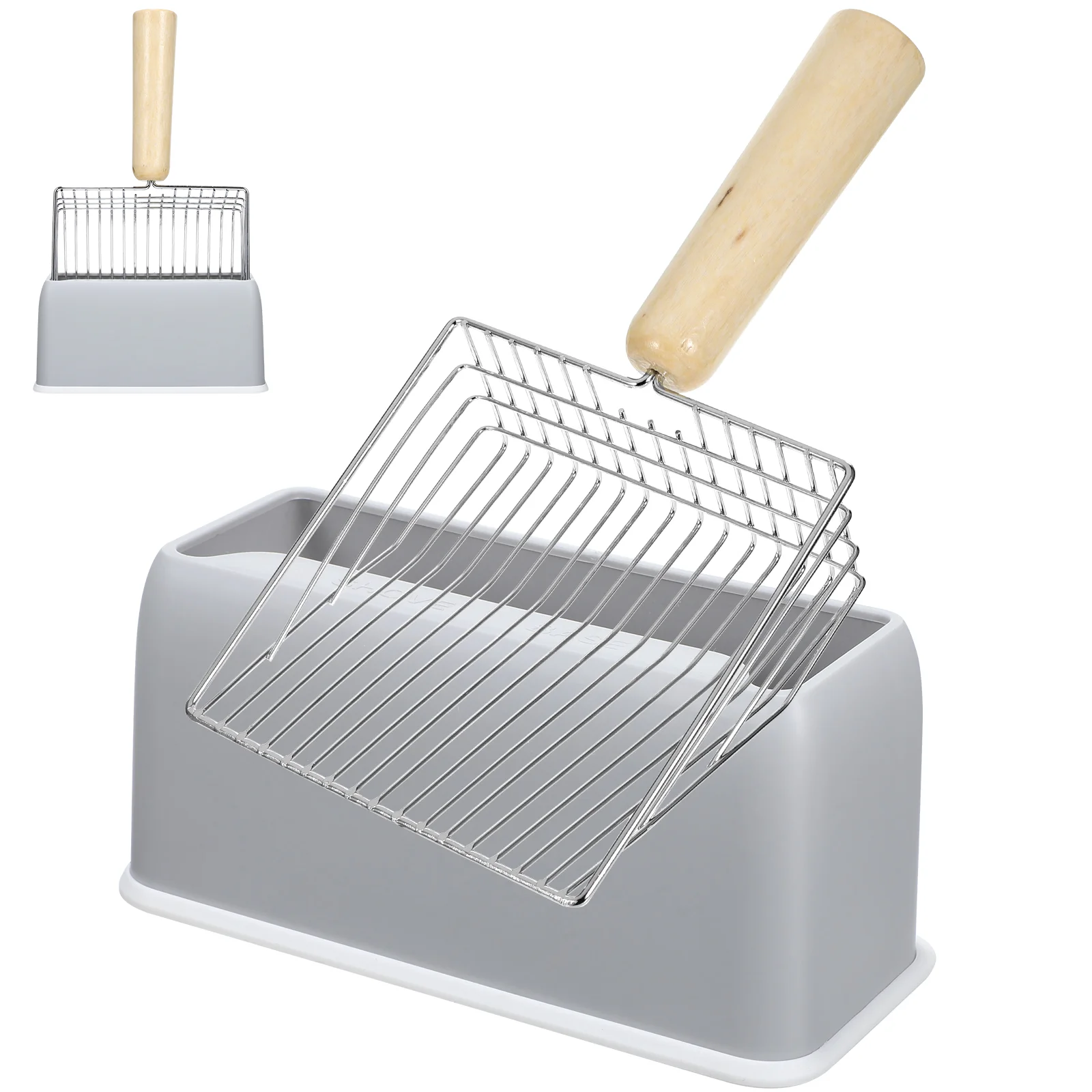 Совок для кошачьего туалета с большой деревянной ручкой ((набор) Серый)