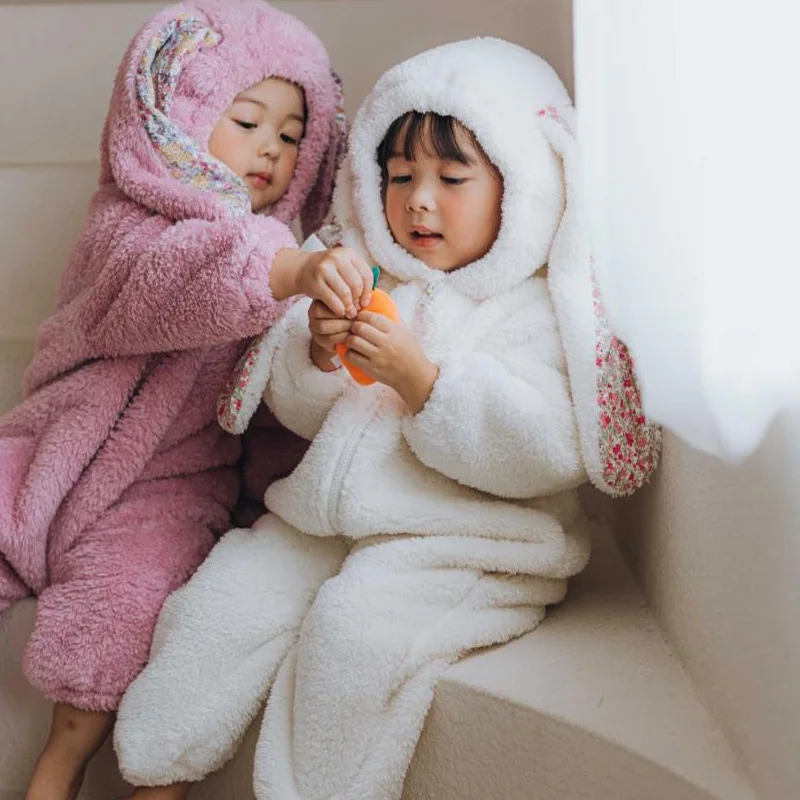 

6-36M Plush Rompers Coat Thickened Plush Fabric Rabbit Style Fart Wrap Newborn Clothes At Home Suit Soft Winter Warm Sleepwear