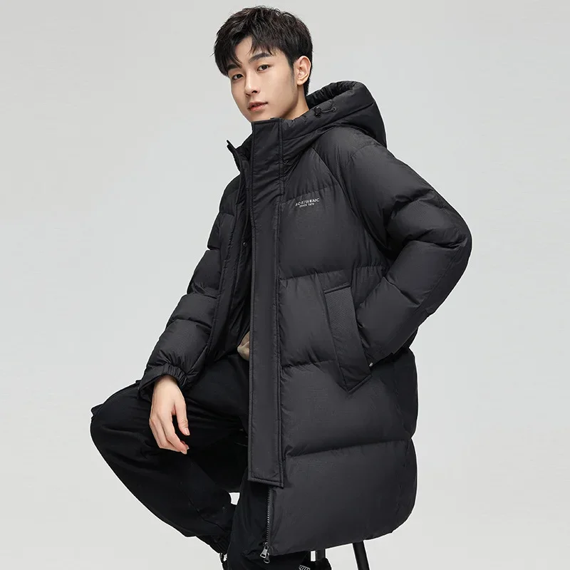Модное однотонное зимнее пуховое пальто средней длины с капюшоном для мужчин