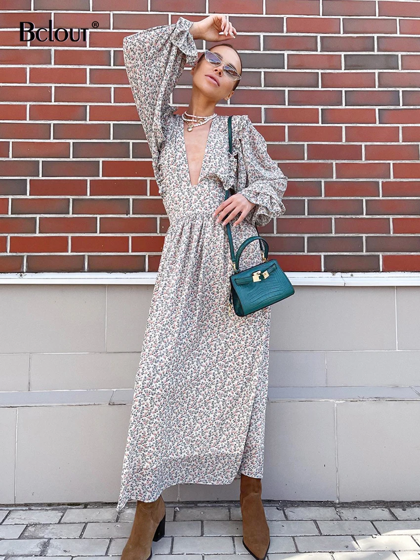

Bclout модное платье с цветочным принтом для женщин 2023 весенние пышные рукава V-образный вырез сексуальные длинные платья для отпуска с высоко...