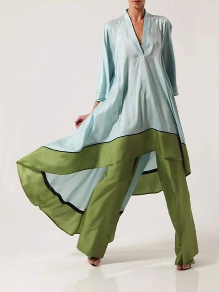 

Spring Autumn X-Long Top Wide Leg Pants Outfit Loose Patchwork Deep V-Neck Long Sleeve Loungewear Ladies Matching Set Streetwear