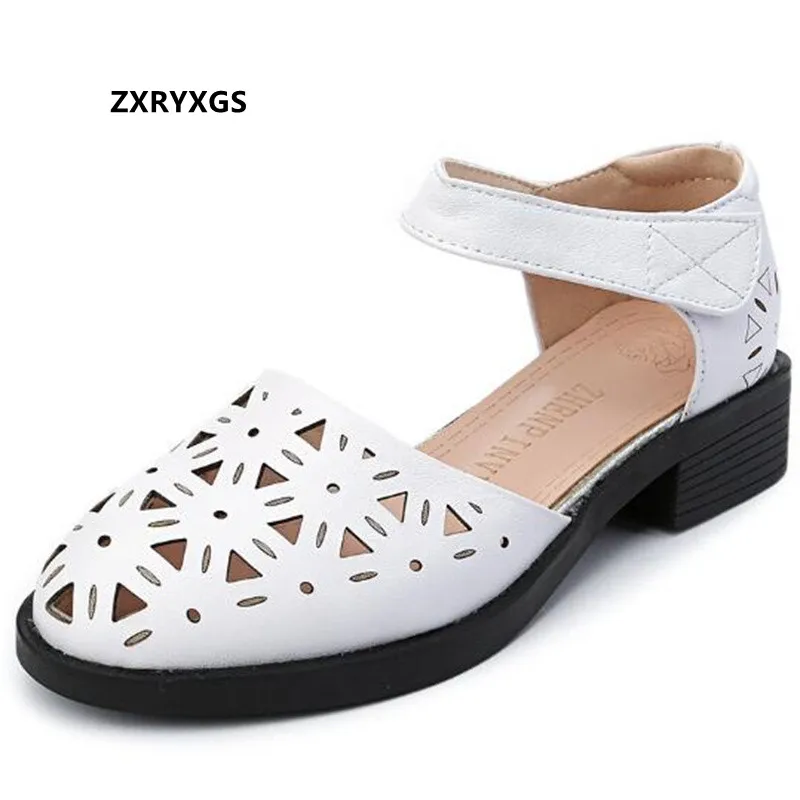 

ZXRYXGS Top Cowhide Hole Hole Sandals Summer Leather Sandals 2022 New Summer Round Toe Thick Heel Large Size Women Sandal Shoes