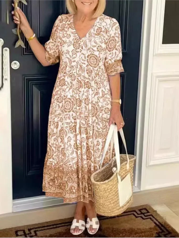 Женское длинное платье с цветочным принтом Элегантное повседневное V-образным