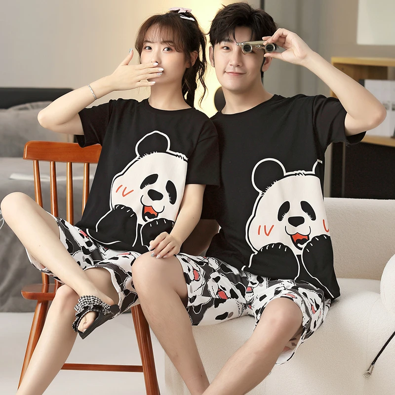 5XL Cartoon Panda Couple Pajamas Sets Women Pijama Cotton Korean Men Sleepwear Short Sleeve Lovers Night-Clothes 2PCS Nightwear