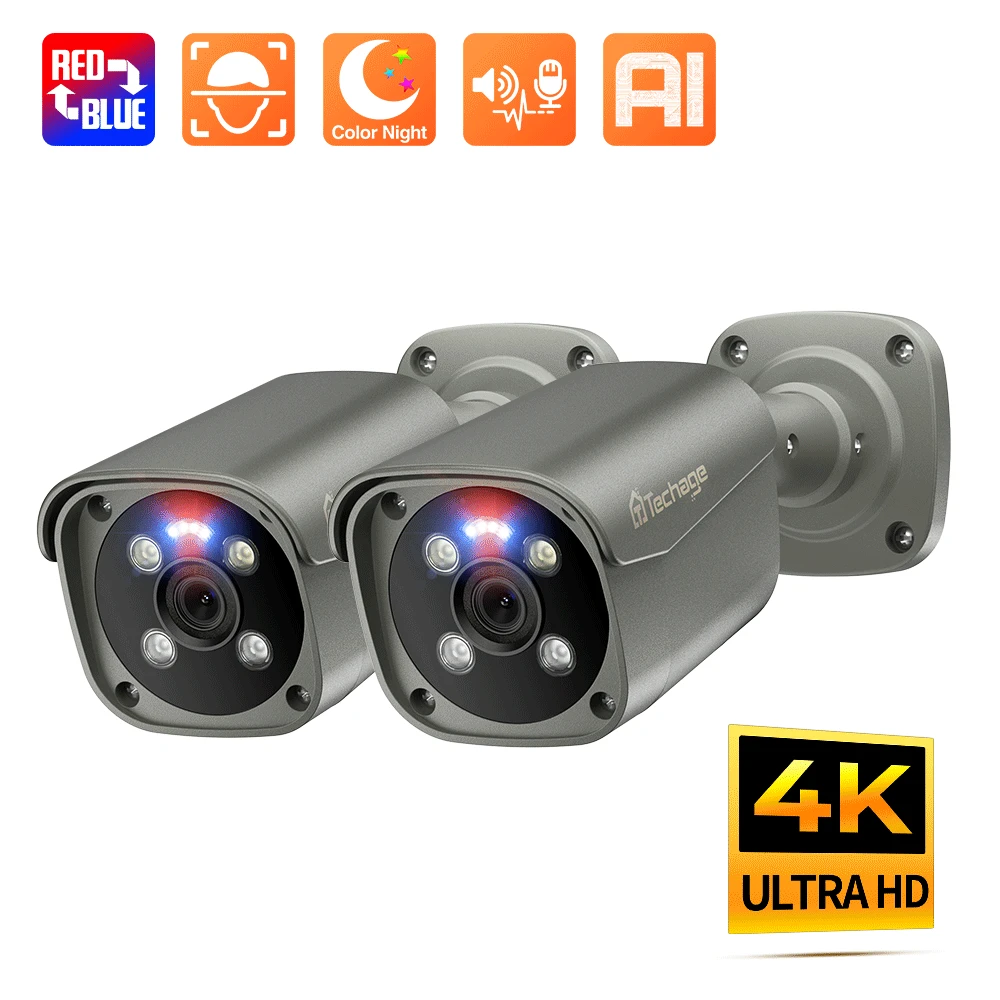 Techage 4K 8MP PoE Outdoor Two-way Audio Bullet IP Camera H.265 Video Surveillance System ONVIF Motion Detect Email Alert XMeye