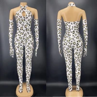 women singer dancer stage performance leotard sexy dance costume leopard print spandex stretch skinny jumpsuit stage wear