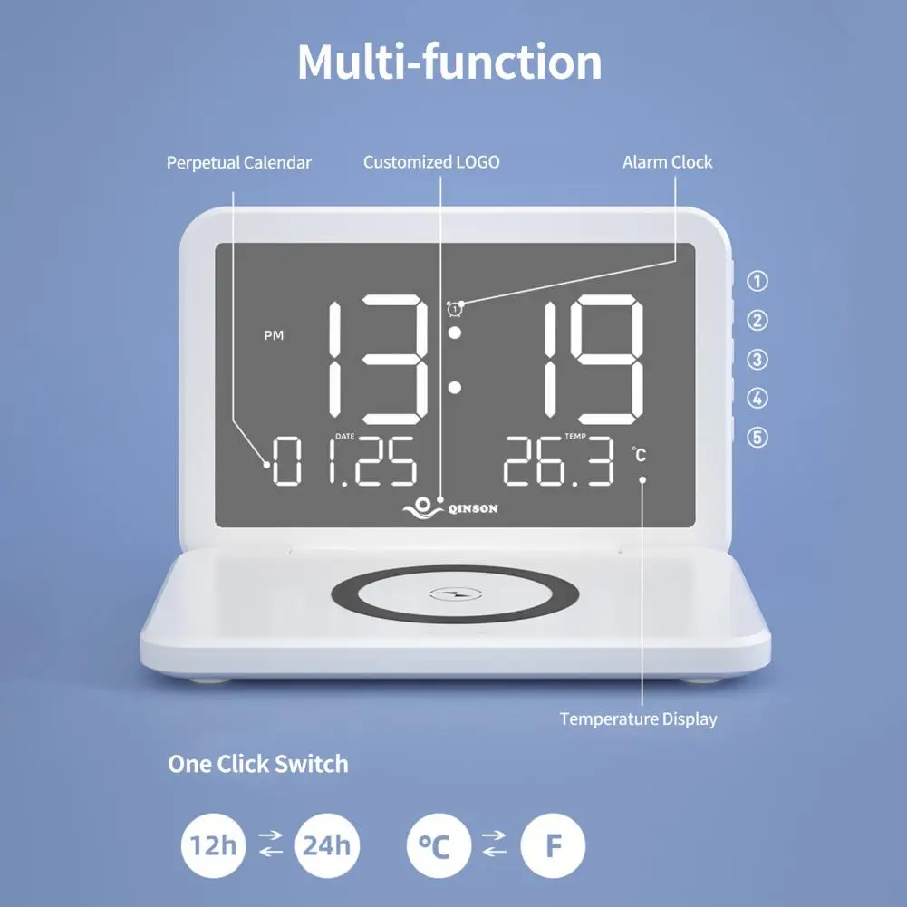 

Alarm Clock Button Control Wireless Charging Thermometer Dock Station for Home