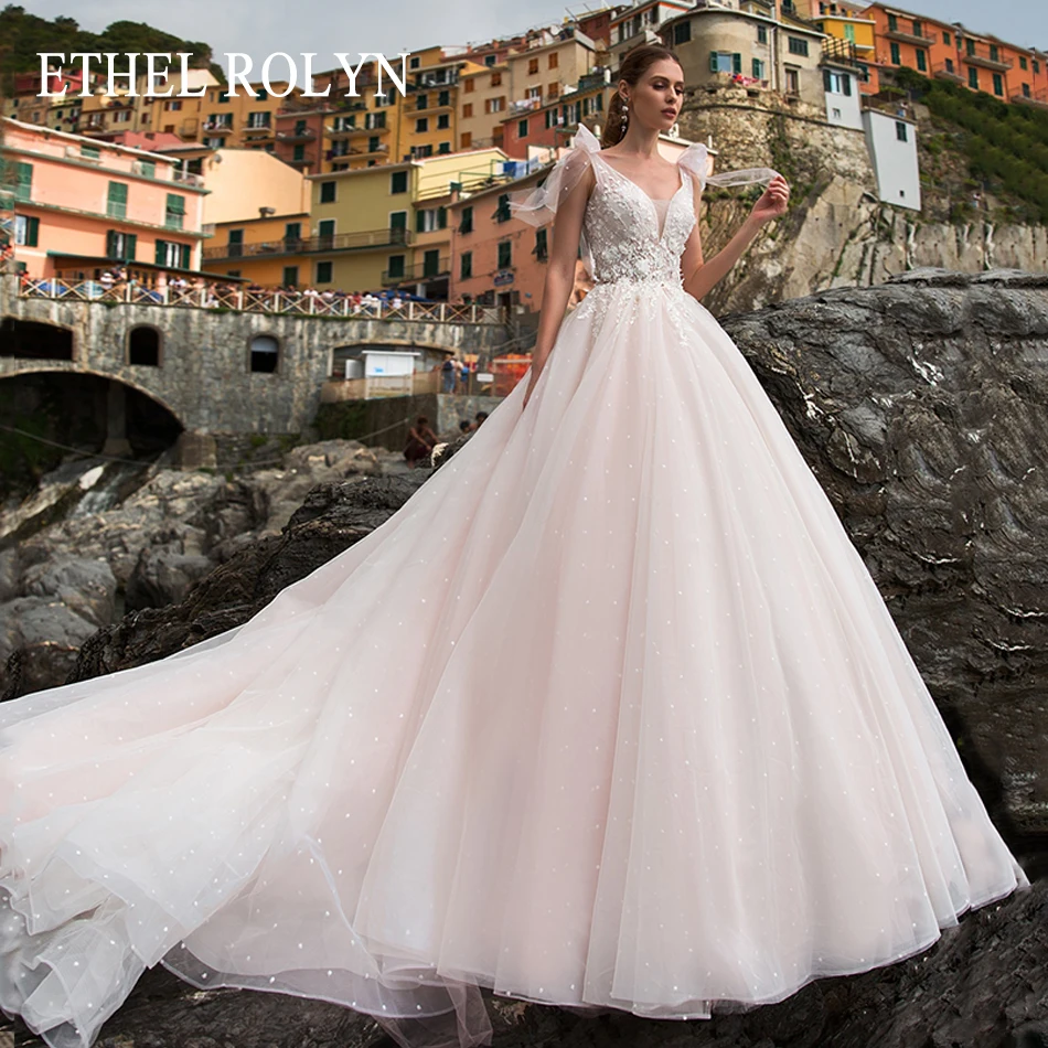 

ETHEL ROLYN Boho Wedding Dresses For Women Beach Polka Dot Tulle Sleeveless Beaded Bow Backless Wedding Gown Vestidos De Novia
