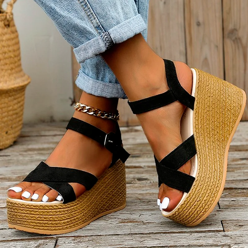 

2022 Summer Women's Sandals Fish Mouth Fashion High Heels Platform Sandals Open Toe Women's Cross Strap Mid-heel Women's Shoes
