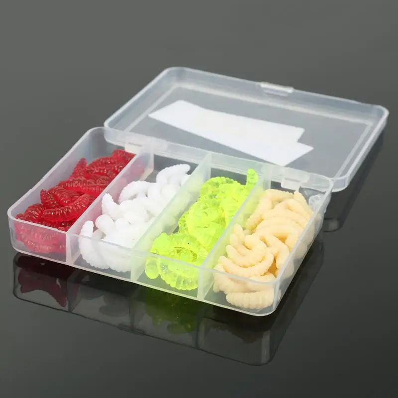 

100PCS 0.5g Fishing Lure Maggot Grub 4 Colors Soft Lure Baits Worm Mixed Colors Hot Sale Artificial Worms Bait with Box