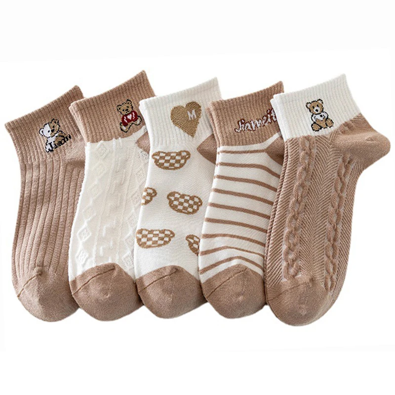 10 Pairs Cartoon Animal Print Short  Socks For Women Cotton Summer Cute Bear Ankle Socks Set Funny Korean Style Thin Breathable