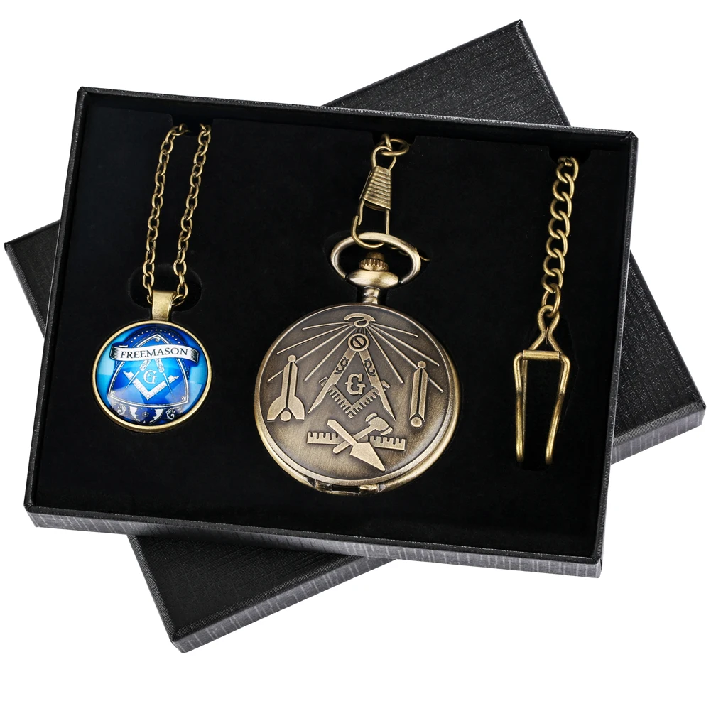 2022 New Arrival Freemasonry Masonic Pocket Watch Set Necklace Pendant Watches Box Best Gift Set for Men Women Dropshipping