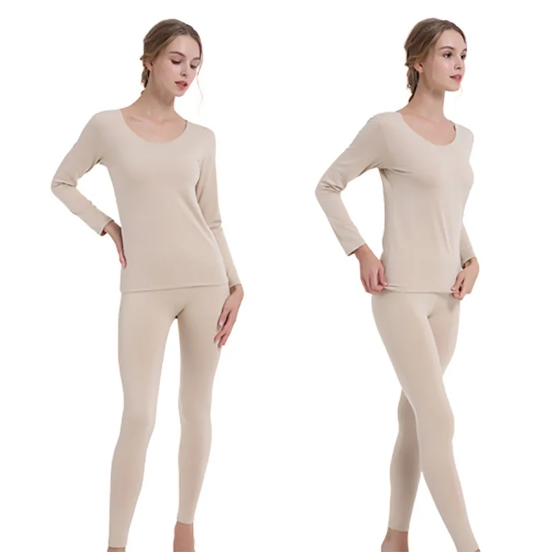 Ladies Homewear Set Body Fit Elastic Solid Color Bottoming Shirt Round Neck  Thin Velvet Thermal Underwear Body Sculpting